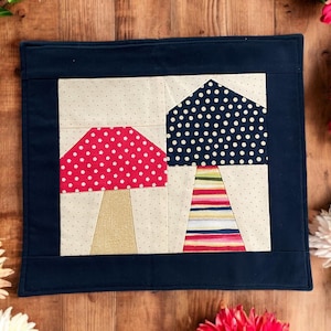 MUG RUG Navy  Mushroom Decor Handmade  9 3/4&quot; x 11&quot; Fabric Coaster  Protects Table Great for Coffee or Tea  Cute Practical Gift Eco-Friendly