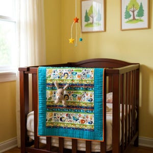 ANIMAL STRIPES ABC&#39;S Baby Quilt  Handmade Reversible Blanket – Gender Neutral Gift – Educational Nursery Decor – Bright Colors 37.5&quot;x50.5&quot;