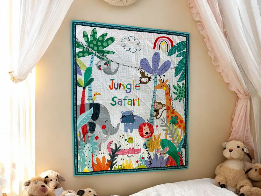 JUNGLE SAFARI Baby Quilt Handmade Reversible Crib Blanket With Lions ...