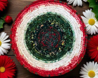 CHRISTMAS TRIVET 7.5" Coiled Fabric  Red Green White Rope Round, Heat-Resistant Table Protector, Coordinates with 12" Round