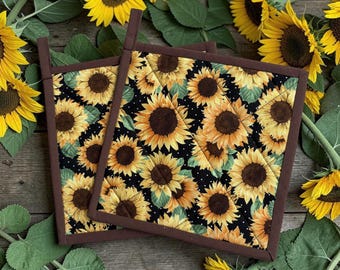 ZONNEBLOEMWEIDE PANNENBANDEN Gewatteerd 8 x 8", zonnebloemdecor, omkeerbaar geïsoleerd, set van 2, lushanger