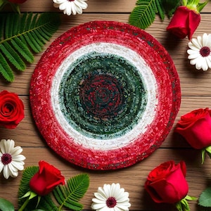 Op de afbeelding: Een ronde, rood, wit en groen gevlochten vloerkleed met een bloemenontwerp. Het vloerkleed is omgeven door rode rozen, witte madeliefjes en groene varenbladeren, allemaal gerangschikt op een houten oppervlak.