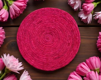 RASPBERRY BLOOM TRIVET 7.5" Round - Fabric Wrapped, Heat-Resistant, Stylish Kitchen Decor, Hot Dishes and Pots, Candle/Vase Base
