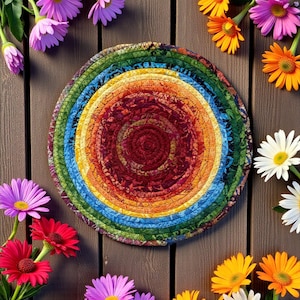 Pode incluir: Um descanso de panela redondo trançado multicolorido com anéis concêntricos vermelhos, laranjas, amarelos, verdes e azuis. O descanso de panela é rodeado por margaridas coloridas numa superfície de madeira castanha. Um artigo decorativo para a cozinha.