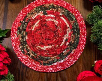 CHRISTMAS TRIVET 7.5" Coiled Fabric  Red Green White Rope Round, Heat-Resistant Table Protector, Coordinates with 12" Round