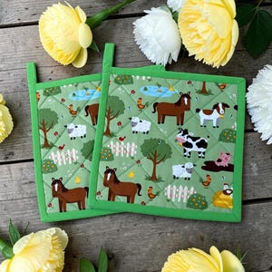 Agarraderas de animales de granja, acolchadas, 8 x 8 pulgadas, reversibles, aislantes, juego de 2, percha de bucle