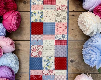 HOLLYHOCKS AND ROSES Quilted Table Runner - Reversible Patchwork, Handmade Floral Decor, Cottagecore Style, 48x14 Table Linen