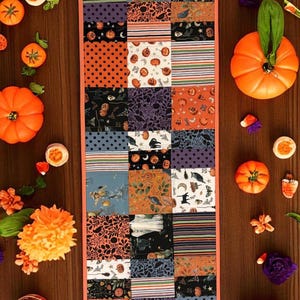 TRICK OR TREAT Halloween  Table Runner Quilted – 48&quot; x 14&quot; Reversible Holiday Decor with Pumpkins, Ghosts and Candy – Fall Home Accent