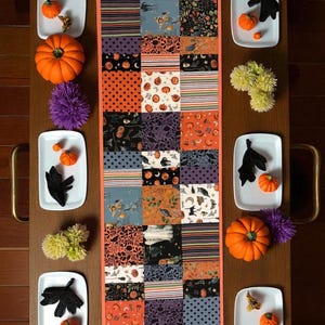 TRICK OR TREAT Halloween Table Runner Quilted – 48&quot; x 14&quot; Reversible Holiday Decor with Pumpkins, Ghosts and Candy – Fall Home Accent