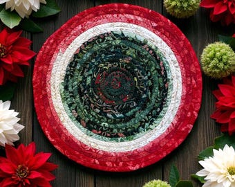 CHRISTMAS TRIVET 7.5" Coiled Fabric  Red Green White Rope Round, Heat-Resistant Table Protector, Coordinates with 12" Round