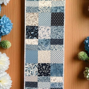SACRE BLEU Quilted Table Runner – Blue and White Floral Reversible Patchwork 48&quot; x 14&quot;. Table Decor, Handmade Cottage Chic Table Accent