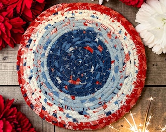 AMERICANA SHINE Trivet Coiled Fabric Wrapped  7.5" Round Patriotic Kitchen Decor Americana Table Accent America 250 Fourth of July