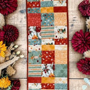 HARVEST BLOOMS Quilted Table Runner – Reversible Patchwork 48"x14" Harvest Colors Fall Table Runner