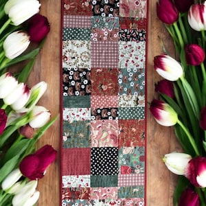 BUNNIES AND ROBINS Quilted Table Runner – Reversible Patchwork 48&quot;x14&quot;, Handmade Spring Decor