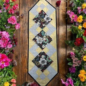 Yellow Floral Quilted Table Runner – Handmade Patchwork Banner, 48"x14"