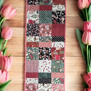 BUNNIES AND ROBINS Quilted Table Runner – Reversible Patchwork 48&quot;x14&quot;, Handmade Spring Decor