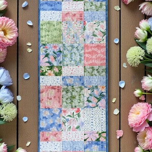 SWEET CECILE Quilted Table Runner – Reversible Patchwork 48"x14", Spring Floral Patchwork Decor, Easter , Cottage Farmhouse Style