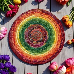 Pode incluir: Um tapete redondo trançado com cores do arco-íris, incluindo vermelho, laranja, amarelo, verde e roxo. O tapete tem um design em espiral e é rodeado por flores rosa, laranja e amarelas. O diâmetro do tapete é de cerca de 40 cm.