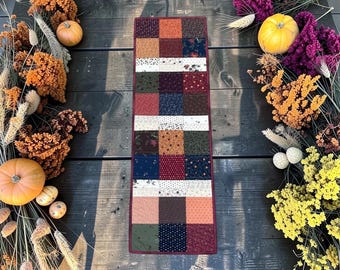 Reversible Quilted Patchwork Table Runner, Handmade Fall Decor 45x14"