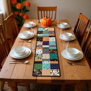 THE AWE of AUTUMN  Quilted Table Runner – 48&quot; x 14&quot; Warm Fall Leaves, Pumpkins & Acorns – Reversible Handmade Home Décor