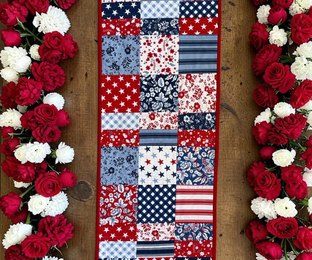Red Patchwork Table Runner FREEDOM GARDEN Red Quilted Table Runner - Reversible Patchwork, 48