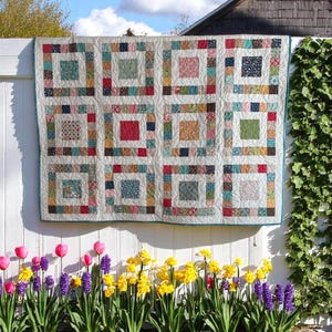 PARTY QUILT – 57 1/2&quot; x 68&quot; – Handmade Patchwork Quilt /  Throw, Bright Vintage-Inspired Blocks, Modern Farmhouse Decor, Reversible