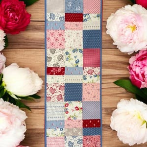HOLLYHOCKS AND ROSES Quilted Table Runner - Reversible Patchwork, Handmade Floral Decor, Cottagecore Style, 48x14 Table Linen