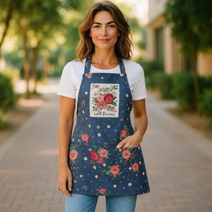 Floral Kitchen Apron, Adjustable Neck, Long Waist Ties, 2 Pockets
