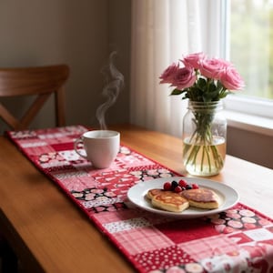 VALENTINES TABLE RUNNER Reversible Quilted Patchwork with finished Edges, 48&quot;l x 14&quot;w - Handmade, Stylish Home Decor.