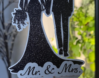 Personalized Glitter Wedding Cake Topper, Custom Last Name Mr & Mrs Silhouette Decoration