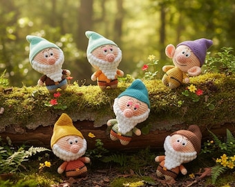 May include: Five small crocheted gnome dolls with large noses, white beards, and pointed hats in various colors including mint green, yellow, teal, and purple. Each gnome has a round face, visible ears, and a simple tunic, arranged on a mossy log.