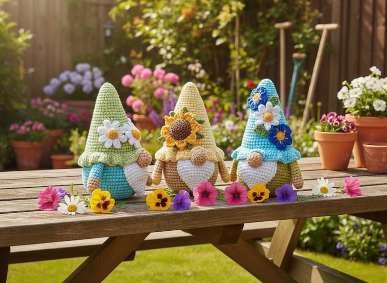 May include: Three crocheted gnome figurines sit on a wooden table. The left gnome is light green and blue with white daisies. The center gnome is yellow and tan with a large sunflower. The right gnome is blue and green with blue and white flowers.