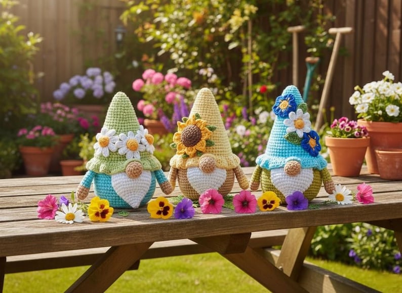 May include: Three crocheted gnomes with pointed hats, each featuring a white beard and a round nose. The left gnome has a green hat with white daisies, the center has a yellow hat with a sunflower, and the right has a blue hat with blue and white flowers.
