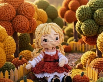 May include: A crocheted doll with blonde yarn hair, wearing a rust-colored dress over a white long-sleeved shirt, sitting on a pebble path surrounded by crocheted trees, pumpkins, and a small wooden fence in an autumn-themed setting.