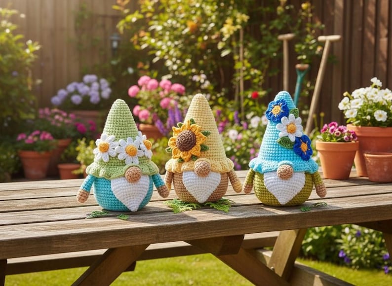 May include: Three crocheted gnome figurines featuring pointed hats adorned with fabric flowers. The left gnome has a light green hat, the center has a yellow hat with a sunflower, and the right has a blue hat with blue and white flowers.