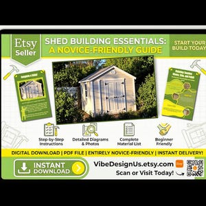 Puede incluir: Guía digital para lo esencial de la construcción de cobertizos, una guía para principiantes. La imagen muestra un cobertizo con diagramas detallados, fotos y una lista completa de materiales. Descarga instantánea disponible.