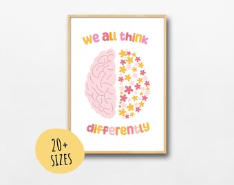 Neurodiversity Poster, We All Think Differently - Digital Print, Brain Art, Teacher, Education, Office Decor, Wall Art, ADHD, Autism, ASD