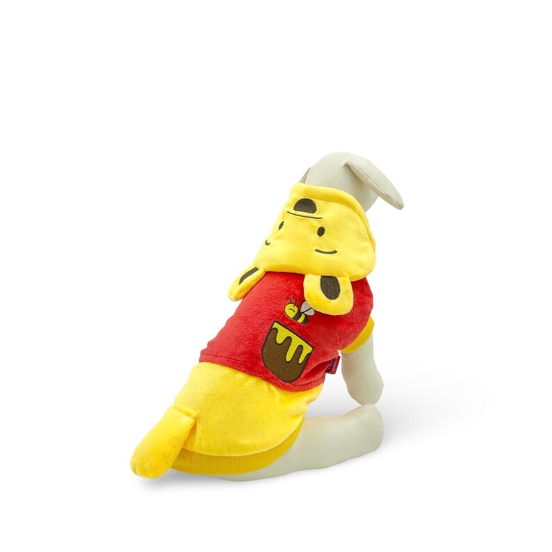 May include: A red and yellow dog hoodie with a cartoon bear face on the hood and a bee and honey pot design on the front.