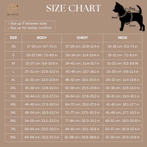May include: Size chart for dog harnesses and collars, showing measurements in inches and centimetres for neck and chest sizes. Sizes range from XS to 8XL.
