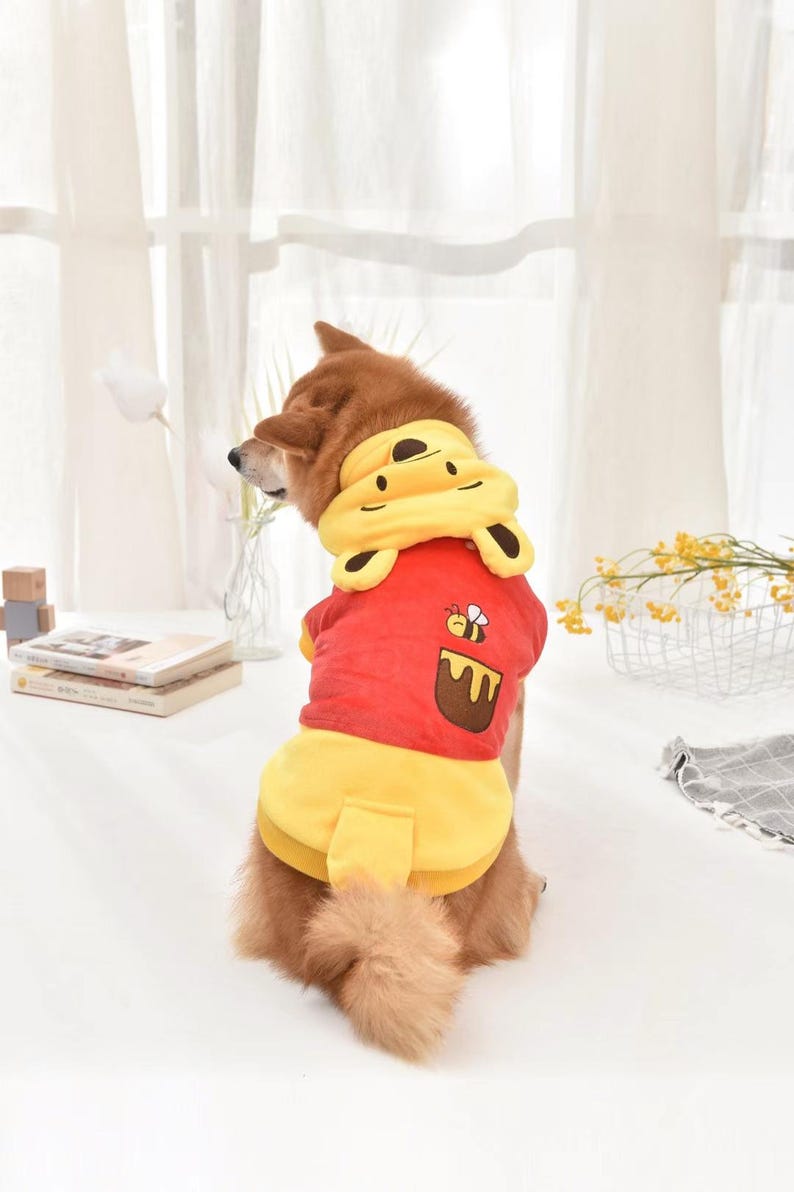 May include: A red and yellow dog costume with a Winnie the Pooh design. The costume features a hood with bear ears and a bee and honey pot design on the back.
