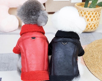 Faux Sherpa Dog Biker Jacket | Dog Fleece Coat | Cute Dog Clothing Tops | Pet Shirt | Puppy Cat | Gift | Holiday | Winter | Halloween