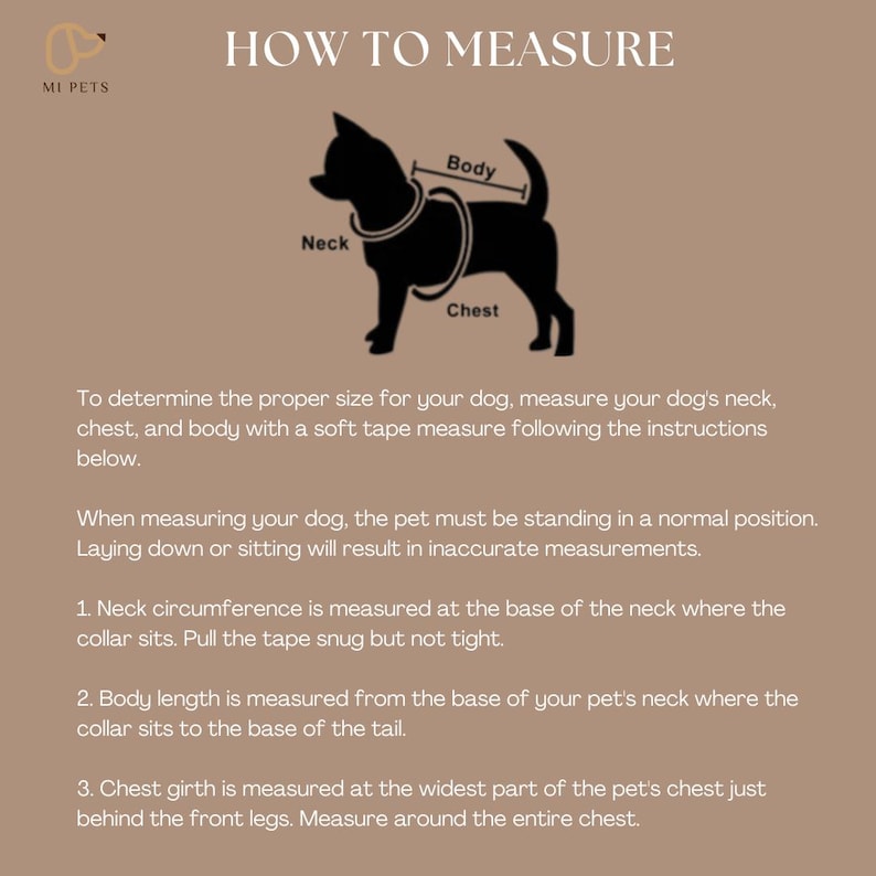 May include: Diagram showing how to measure a dog for a harness or collar. The diagram shows a dog with lines indicating where to measure the neck, chest, and body length. The text explains how to measure each part of the dog.
