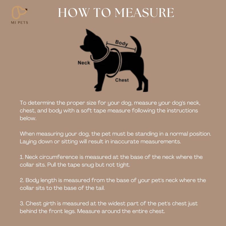May include: Diagram illustrating how to measure a dog for proper sizing. The image shows a black silhouette of a dog with labeled areas for neck, chest, and body measurements. Text provides detailed instructions for accurate measurements.