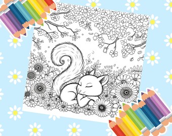 Forêt lunatique : un voyage à colorier avec des écureuils et des fleurs