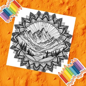 Puede incluir: Un diseño de mandala en blanco y negro con una cordillera y árboles dentro del círculo central. El mandala tiene un patrón detallado de flores y hojas.