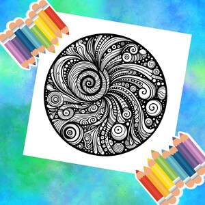 May include: A black and white mandala design with intricate swirls and patterns. The design is perfect for colouring.