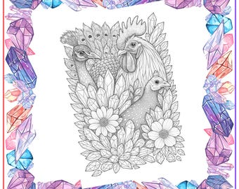 Coloriages d'animaux de la ferme, poulets, paons, pierres précieuses, fleurs (7 pages à imprimer)