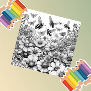 May include: A black and white illustration of a field of flowers with bees flying around them. The flowers are in full bloom and the bees are in various positions.