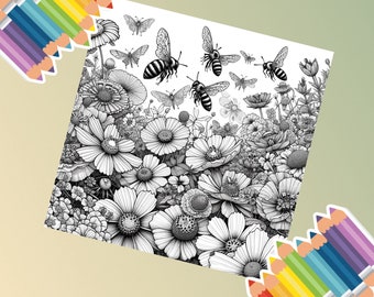 Murmures de jardin : un voyage en dessin au trait avec des fleurs, des abeilles et des papillons