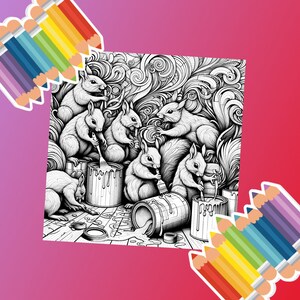 May include: A black and white illustration of a group of squirrels painting with paintbrushes and paint cans. The squirrels are surrounded by intricate swirls and patterns.
